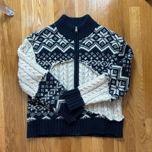 Zara Navy and Cream Fair Isle Chunky Patchwork Women’s Zip-Up Sweater